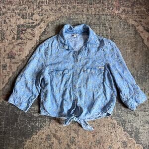 Guess Chambray Eyelet Tie Front Shirt Blue Western Floral Embroidered Top M